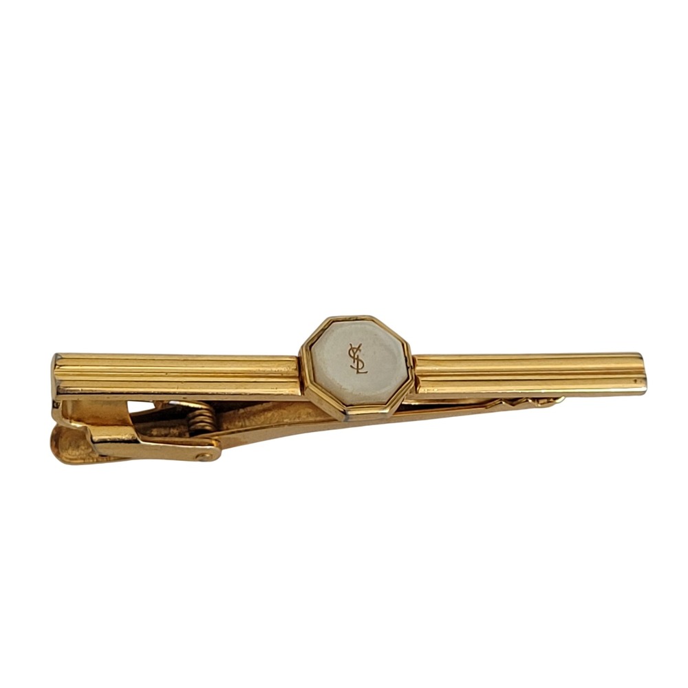 Yves Saint Laurent YSL Vintage Gold Tone Hexagon Monogram Logo Tie Clip 2 Inch